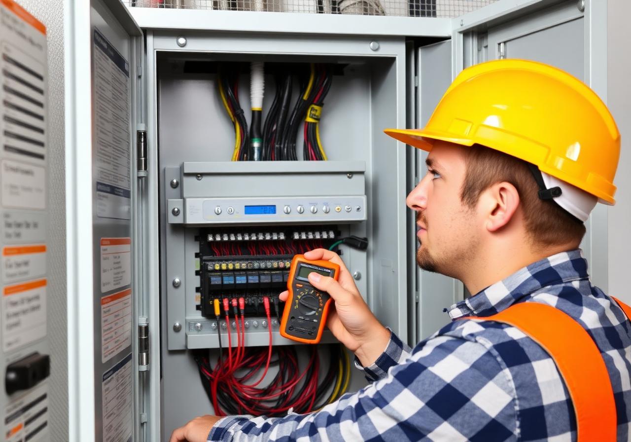 Électricien testant un tableau électrique au multimètre
