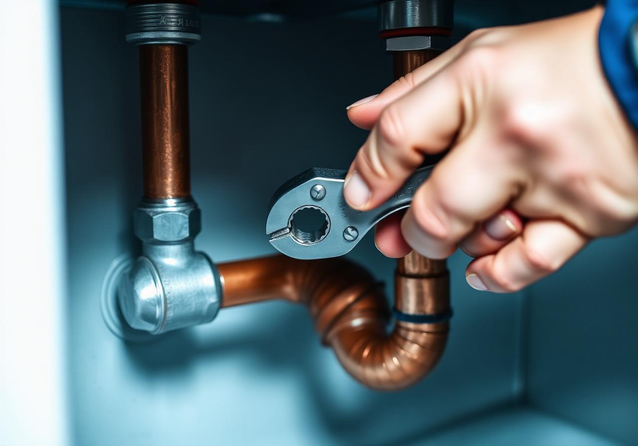 Plombier réparant une canalisation cuivre sous évier