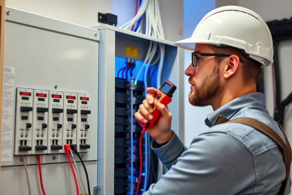 Électricien intervenant sur un tableau électrique